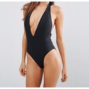 NWOT NEW LOOK PLUNGE NECK BLACK SWIMSUIT SZ UK 12 US 8